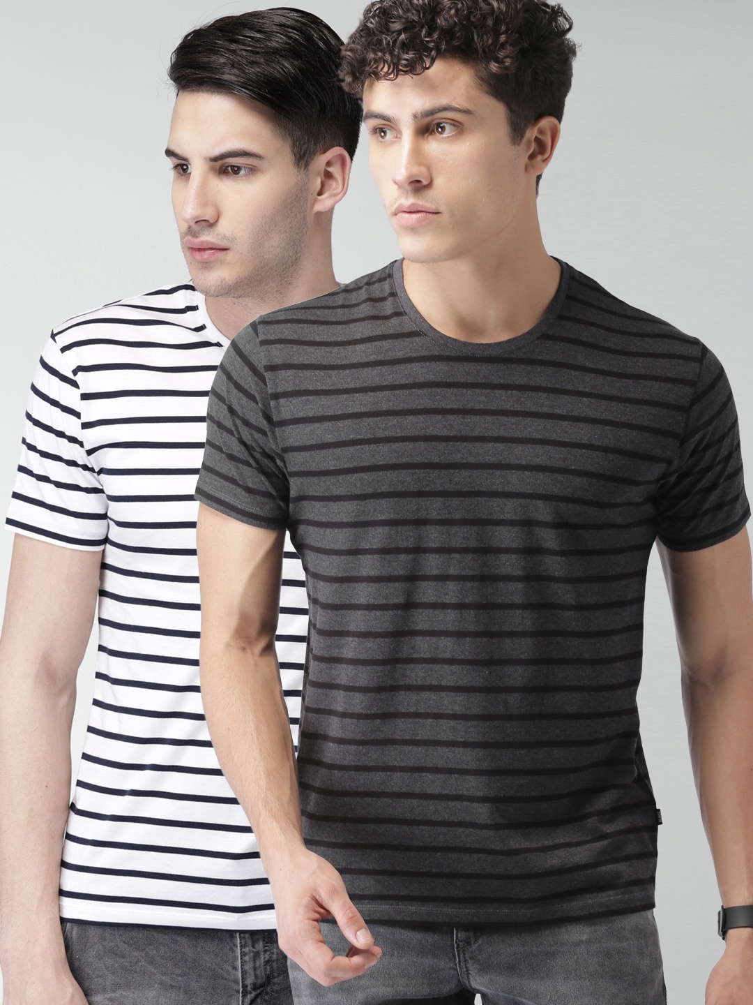 

HIGHLANDER Men Pack Of 2 Striped Pure Cotton T-shirts, Charcoal
