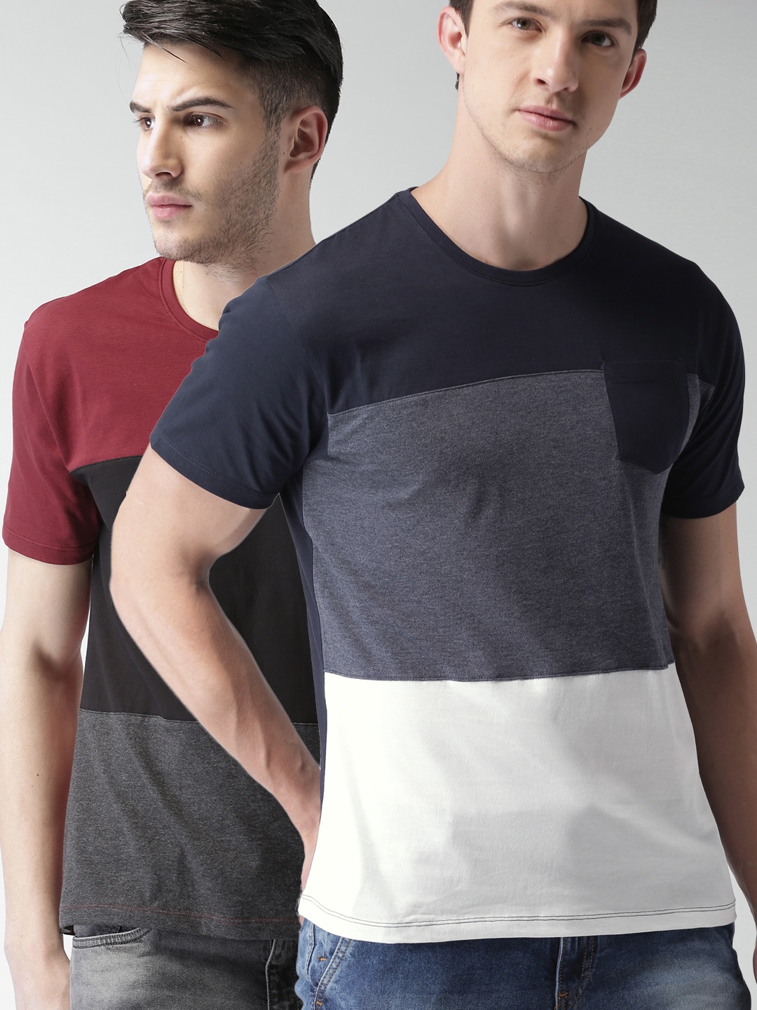 

HIGHLANDER Men Pack Of 2 Colourblocked Pure Cotton T-shirts, Maroon