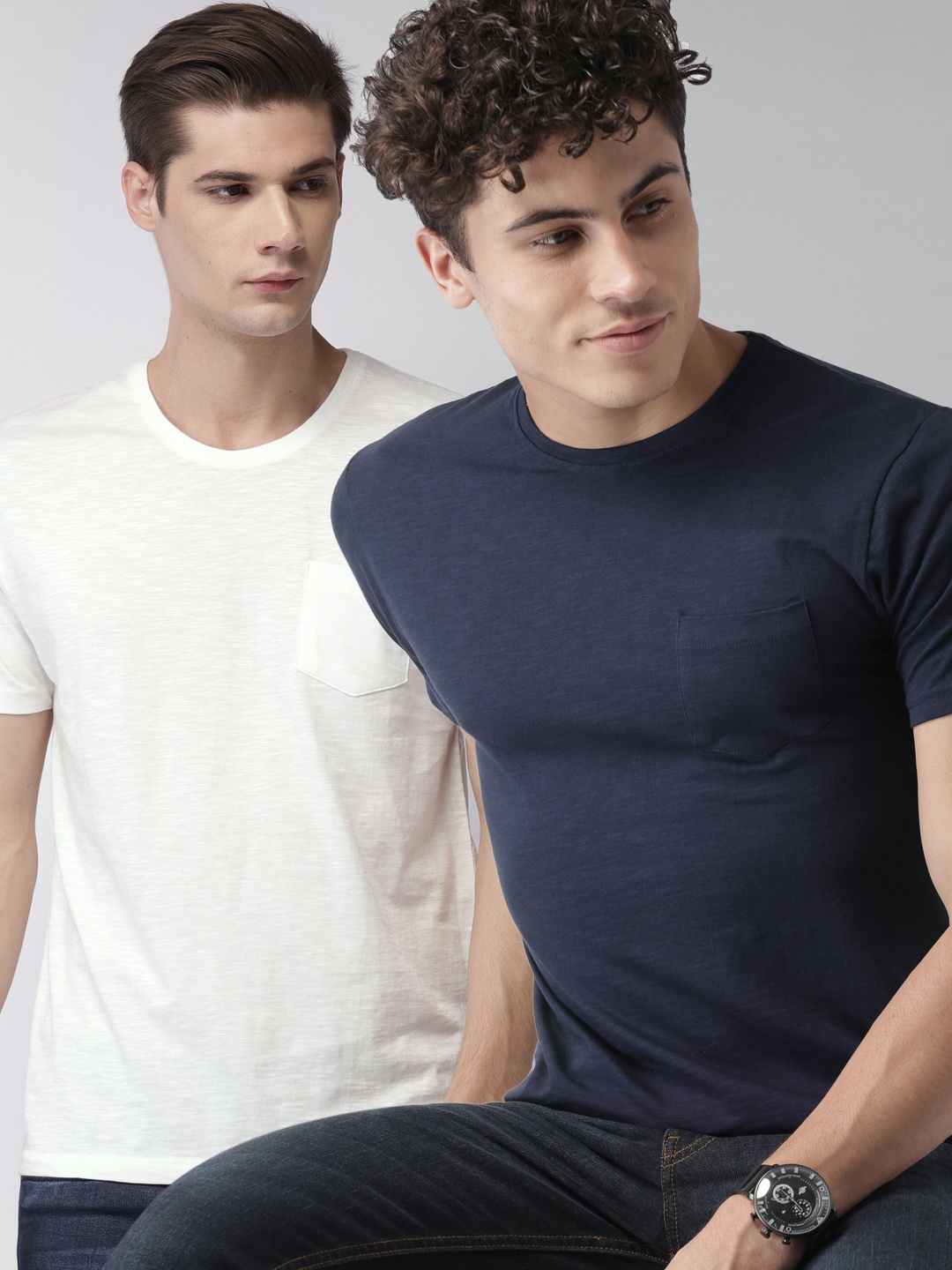 

HIGHLANDER Men Pack Of 2 Solid Pure Cotton T-shirts, Navy blue
