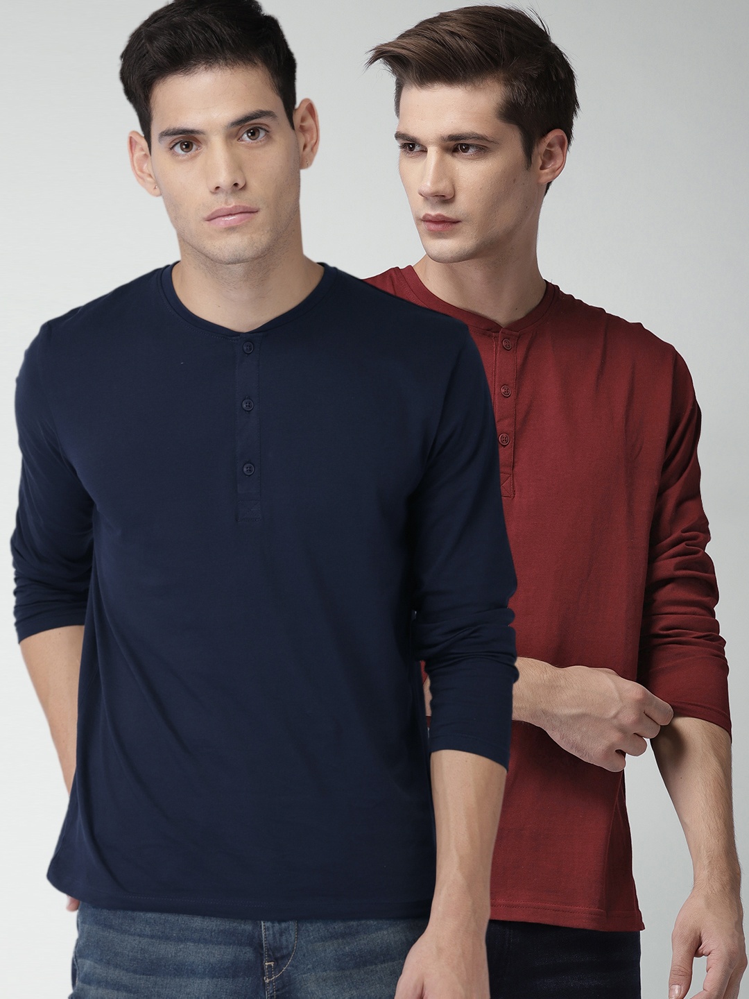 

HIGHLANDER Men Pack Of 2 Solid Henley Neck T-Shirts, Navy blue