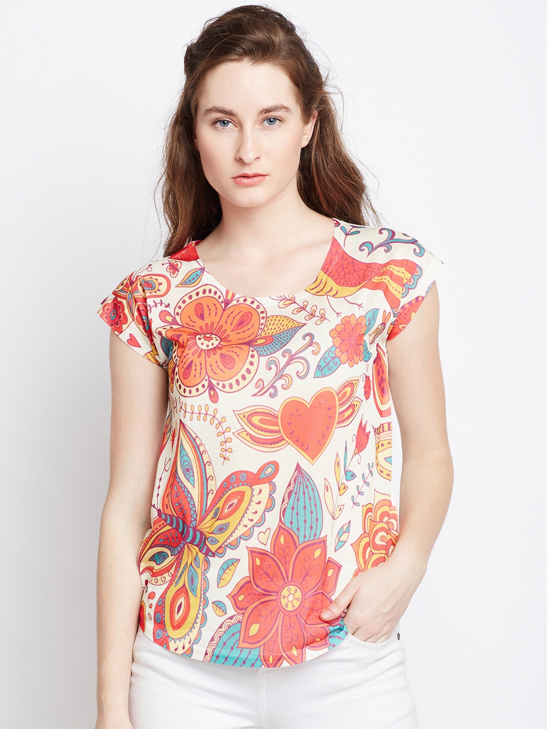

Berrylush Women Off-White Printed Round Neck T-shirt