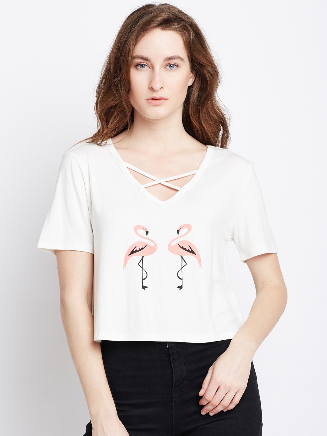 

Berrylush Women White Printed V-Neck T-shirt