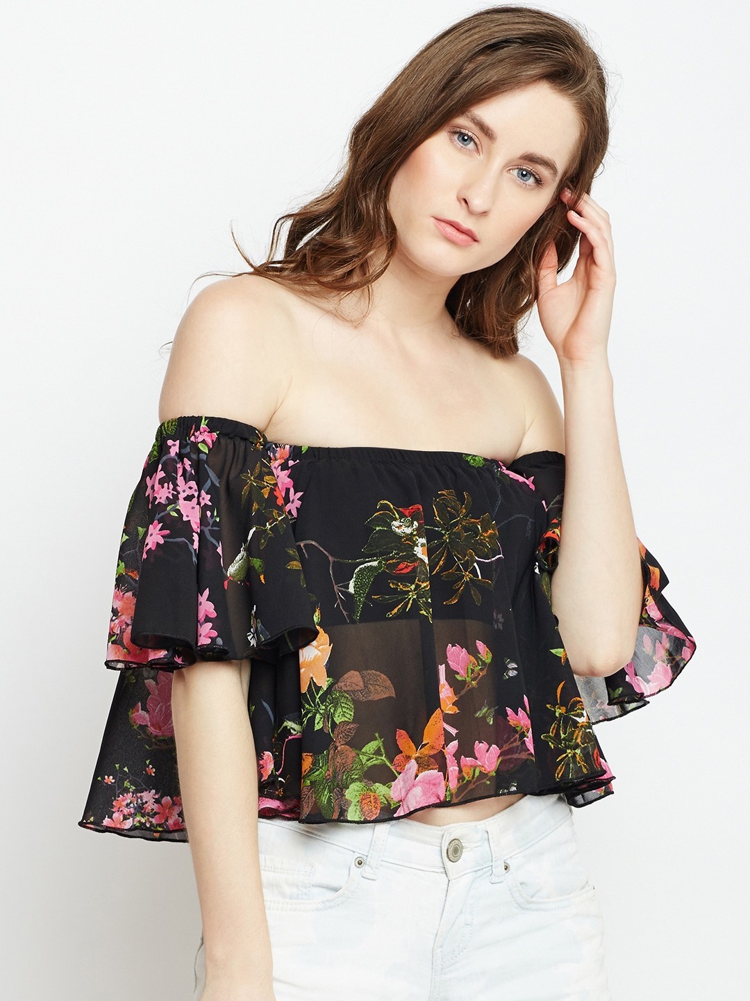 

Berrylush Women Black Printed Bardot Top