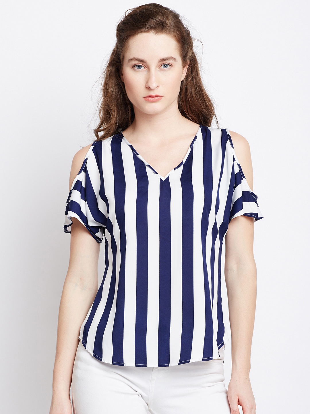 

Berrylush Women White Striped Regular Top