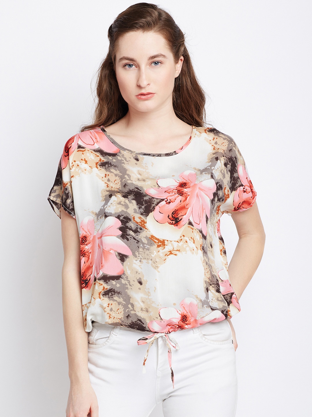 

Berrylush Women White Loose Fit Printed Blouson Top