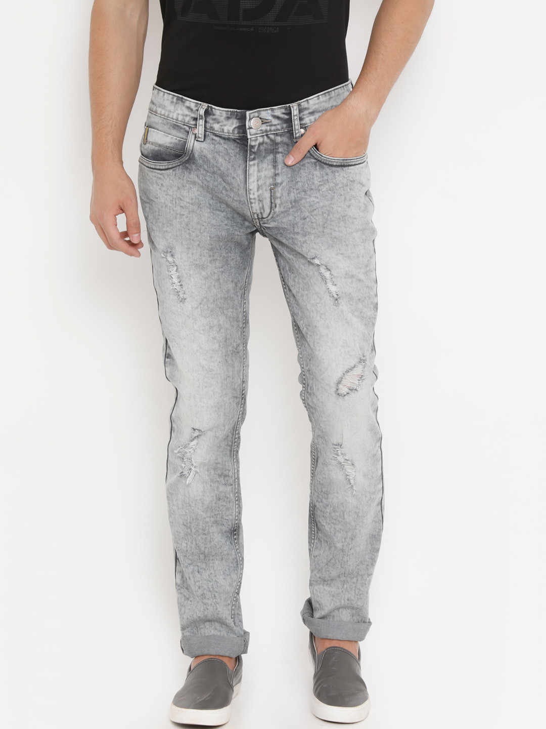 

Llak Jeans Men Grey Skinny Fit Mid-Rise Highly Distressed Jeans