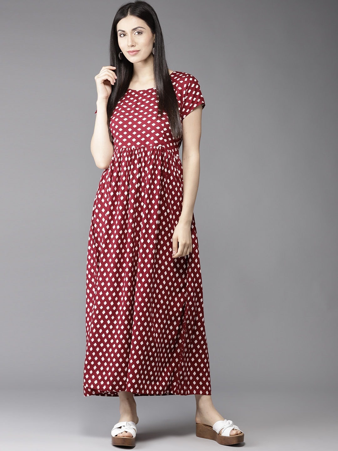 

HERE&NOW Women Maroon & White Printed Maxi Dress