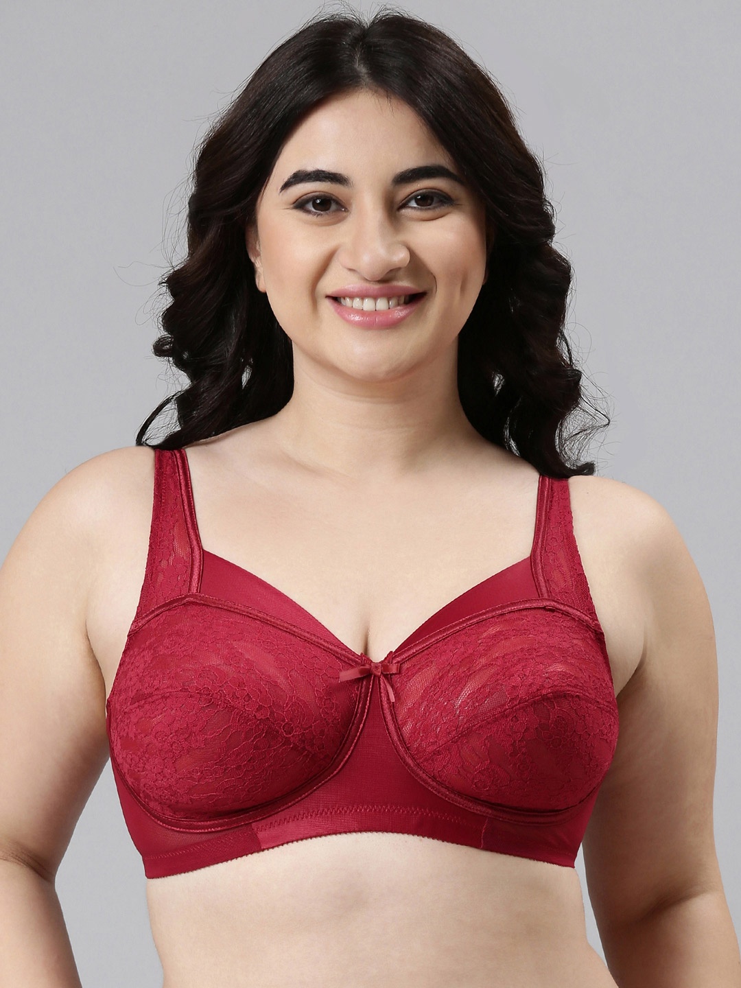 

Enamor Women Maroon Non-Padded Non-Wired Full Support Lace Bra With Sectioned Cups - FB06