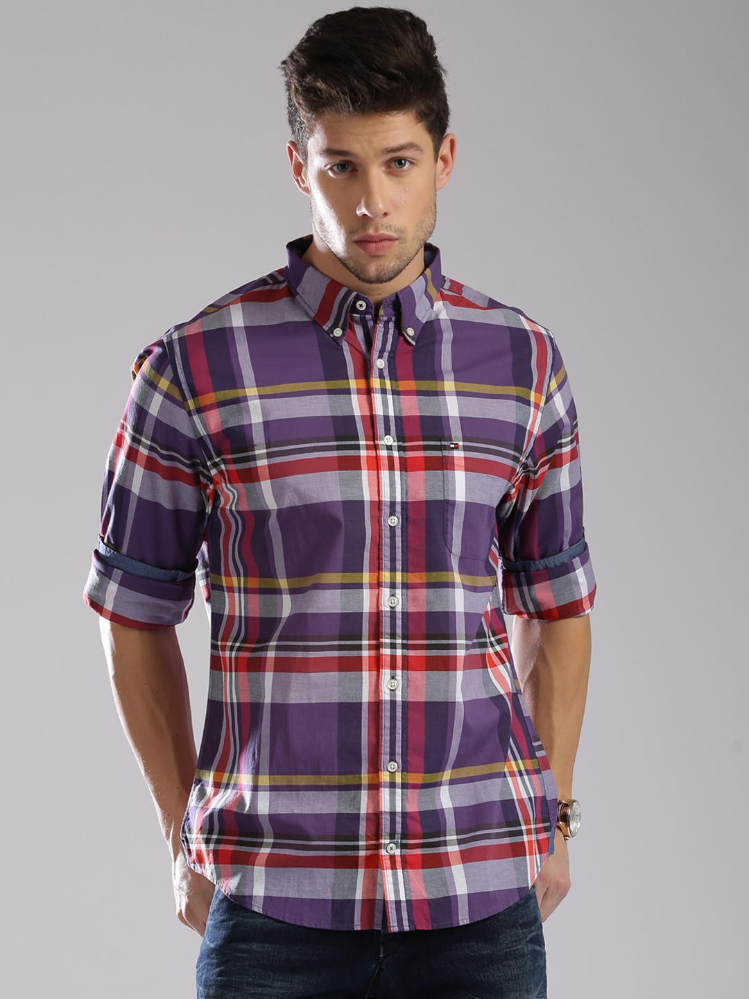 

Tommy Hilfiger Men Purple & White Checked New York Fit Fran Casual Shirt