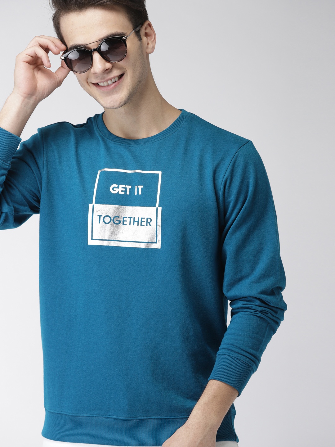 

Mast & Harbour Men Teal Blue Foil Printed Sweatshirt