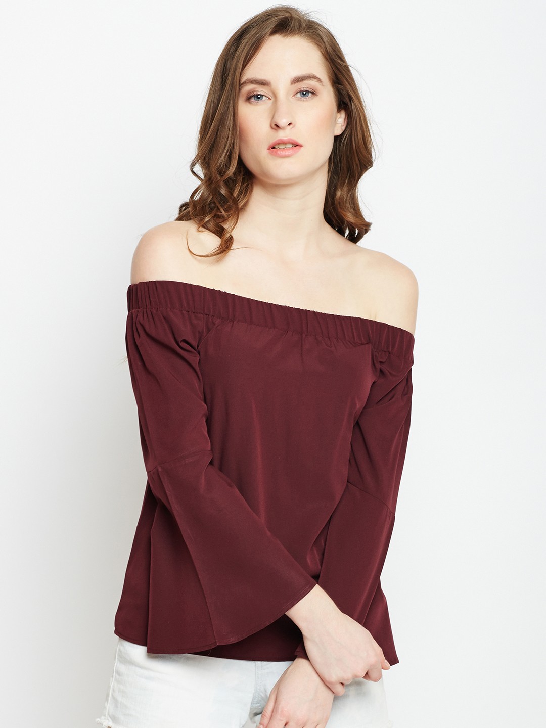 

Berrylush Women Maroon Solid Bardot Top