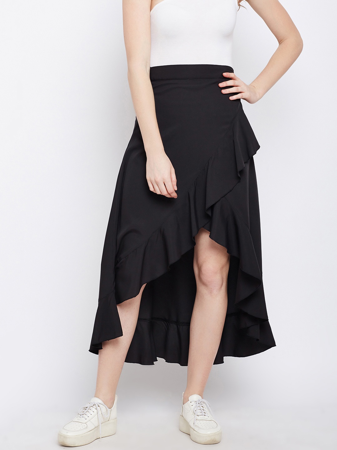

Berrylush Black Solid Ruffled Wrap Skirt
