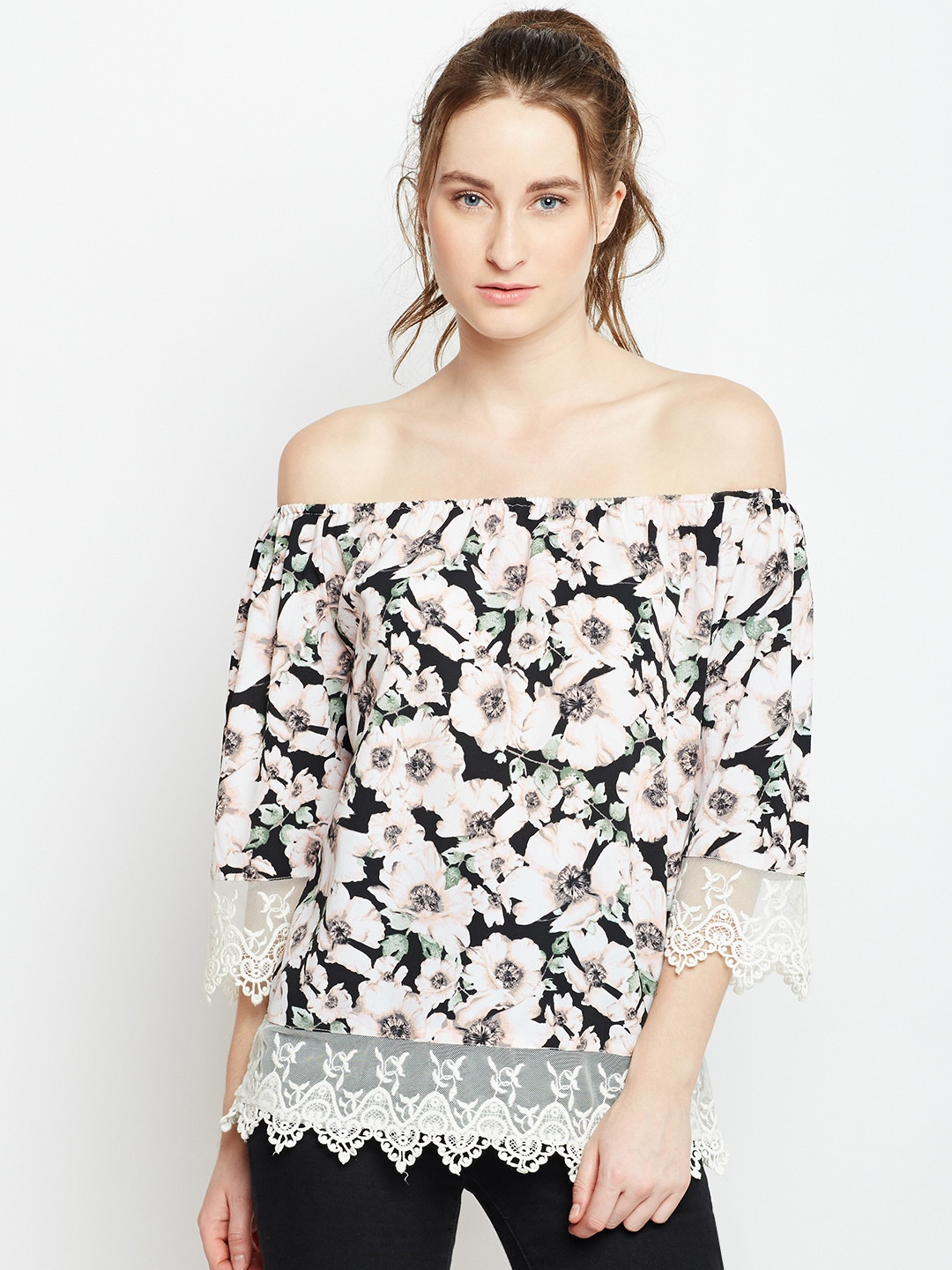

Berrylush Women Black Printed Bardot Top