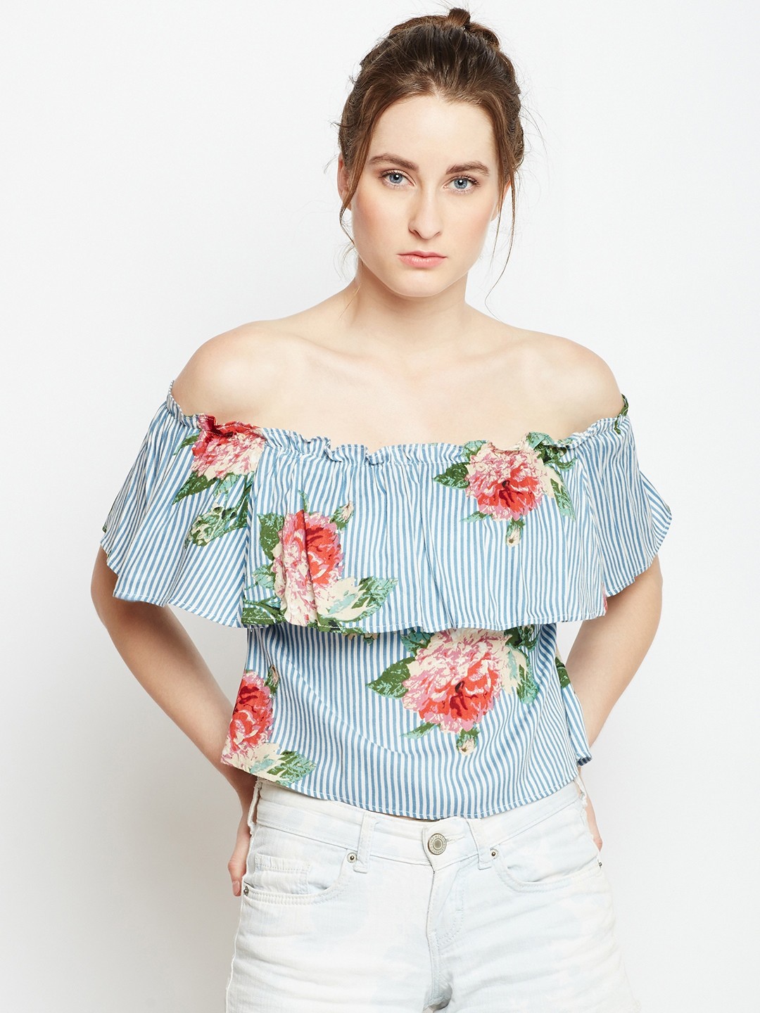 

Berrylush Women Blue Striped Bardot Top