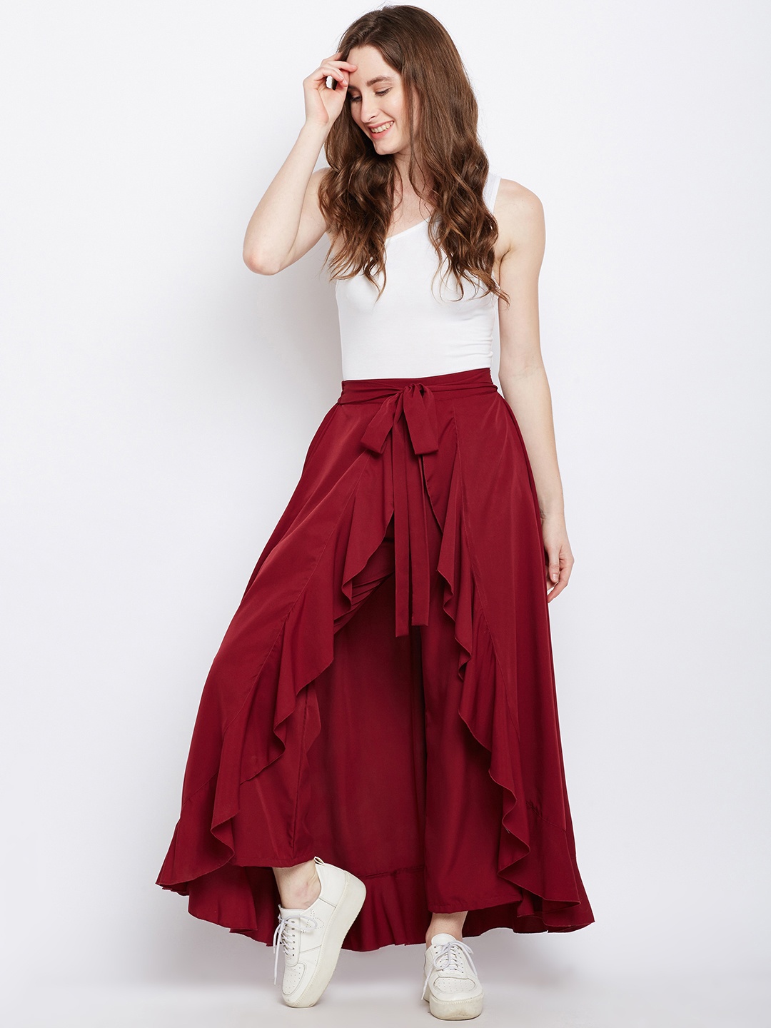 

Berrylush Maroon Ruffled Flared Maxi Skirt with Attached Trousers