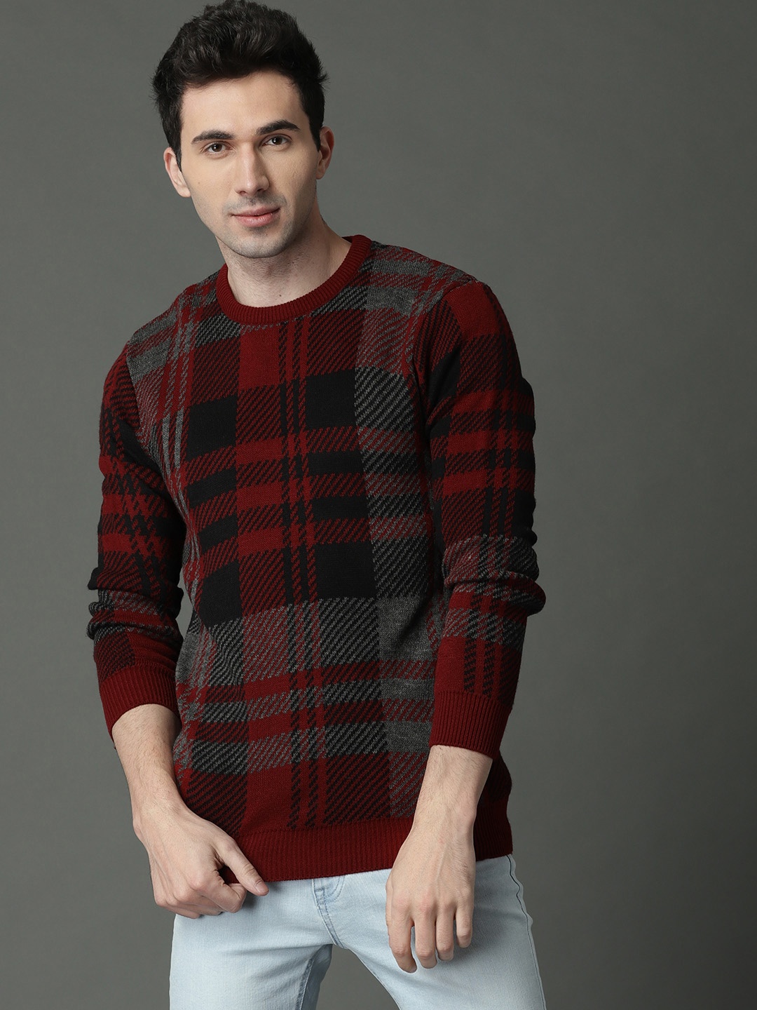 

Roadster Men Maroon & Black Checked Sweater