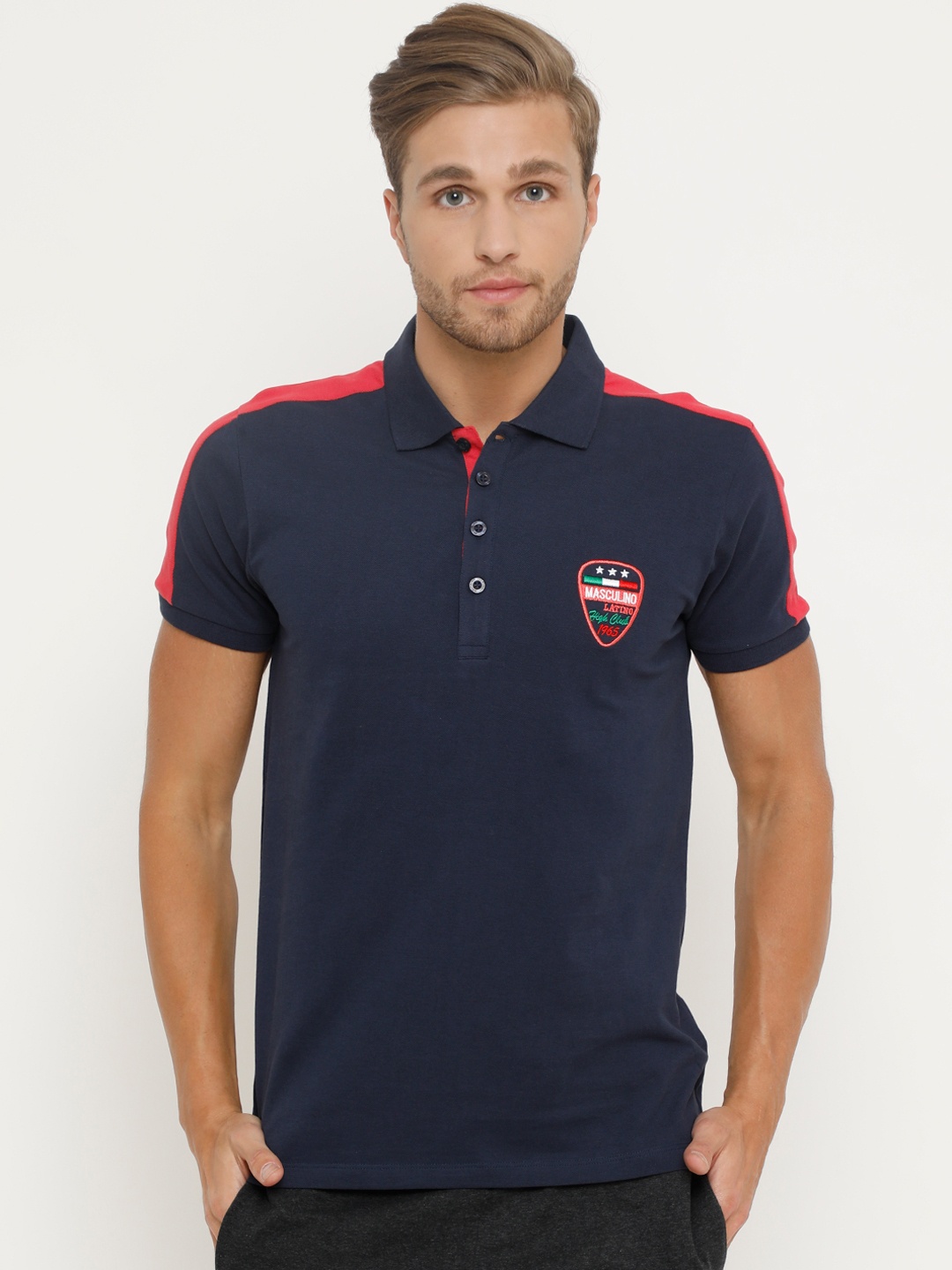 

Masculino Latino Men Navy Blue Solid Polo Collar T-shirt
