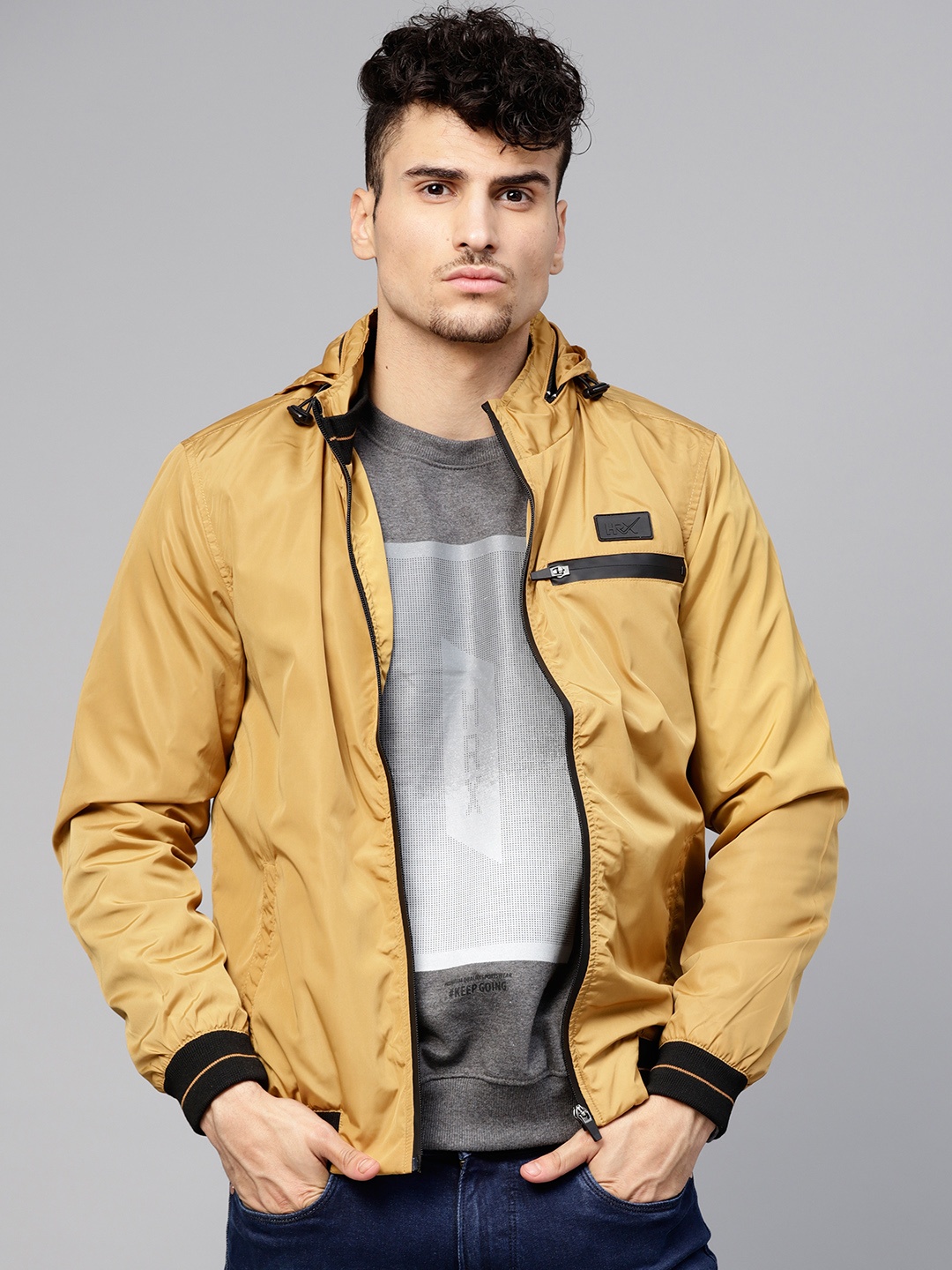 

HRX by Hrithik Roshan Men Mustard Yellow Solid Hooded Bomber Jacket
