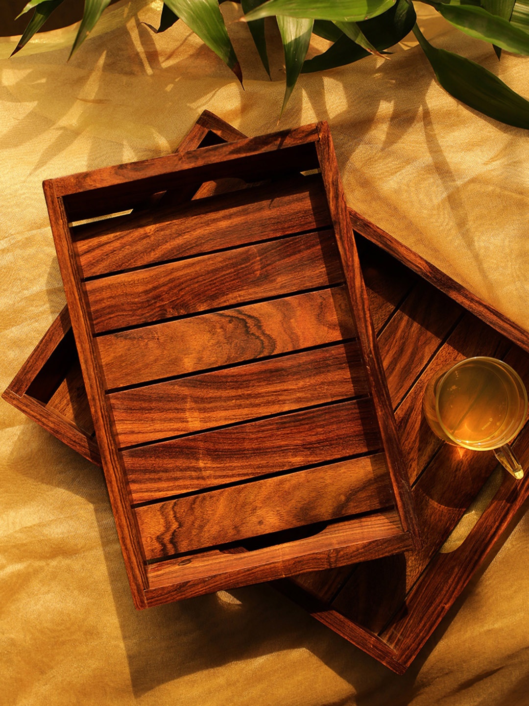 

ExclusiveLane Set Of 2 Brown Handcrafted Wooden Serving Trays