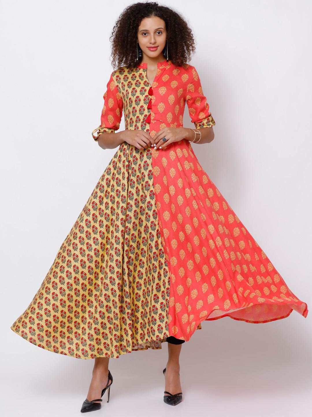 

Vishudh Women Coral & Yellow Printed Anarkali Kurta