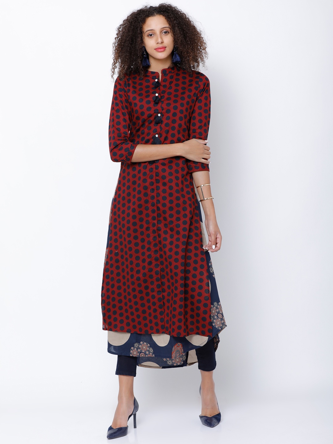 

Vishudh Women Maroon & Navy Blue Printed Layered A-Line Kurta