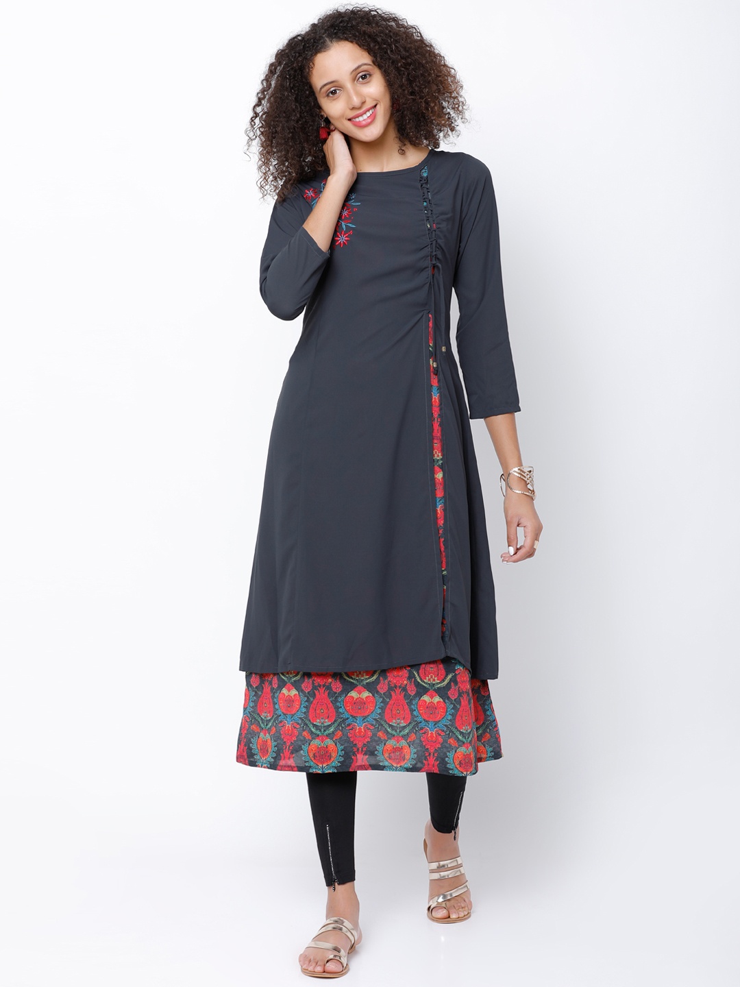 

Vishudh Women Grey & Pink Printed Layered A-Line Kurta