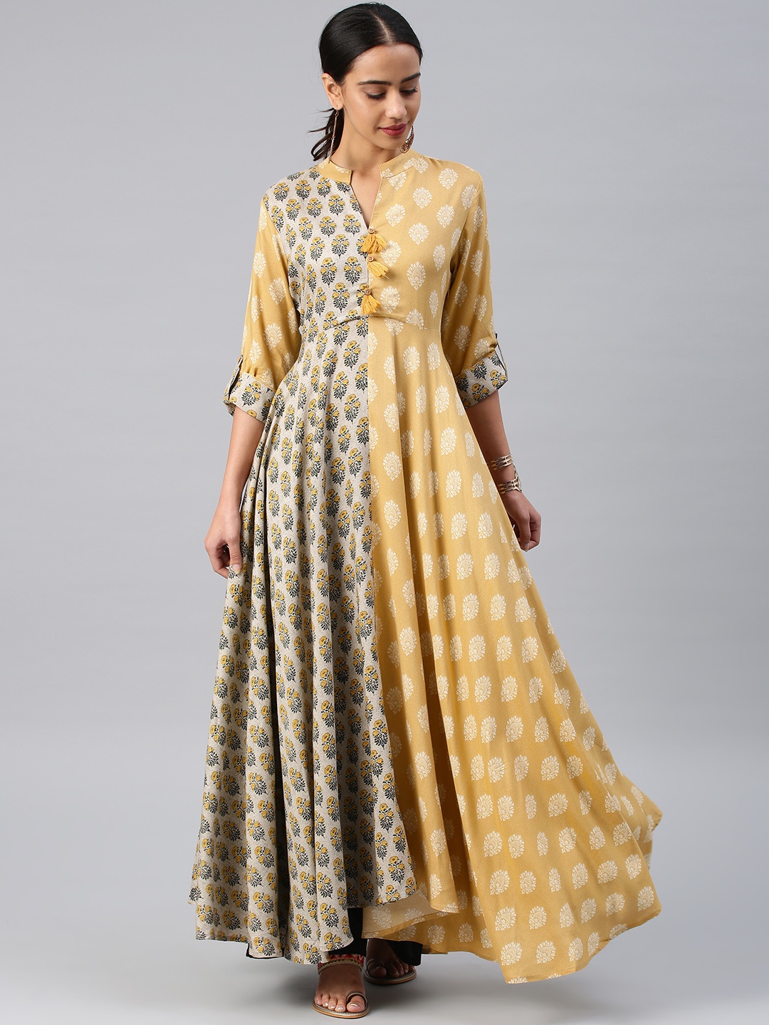 

Vishudh Women Mustard Printed Maxi Dress