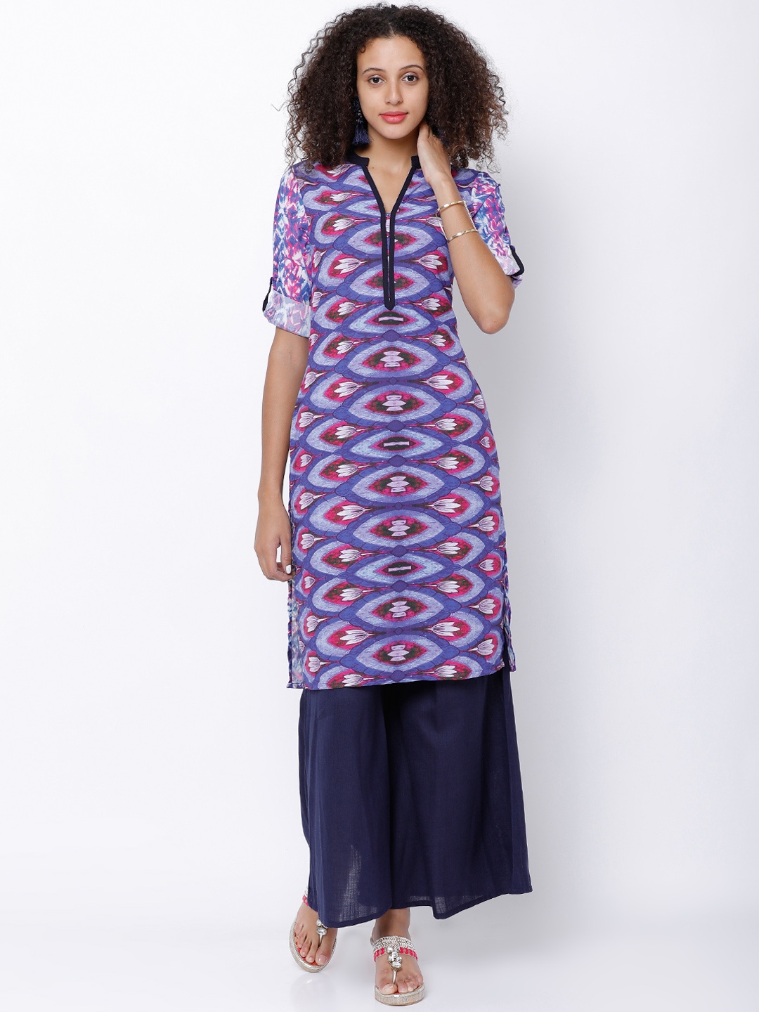 

Vishudh Women Blue & Pink Printed Straight Kurta