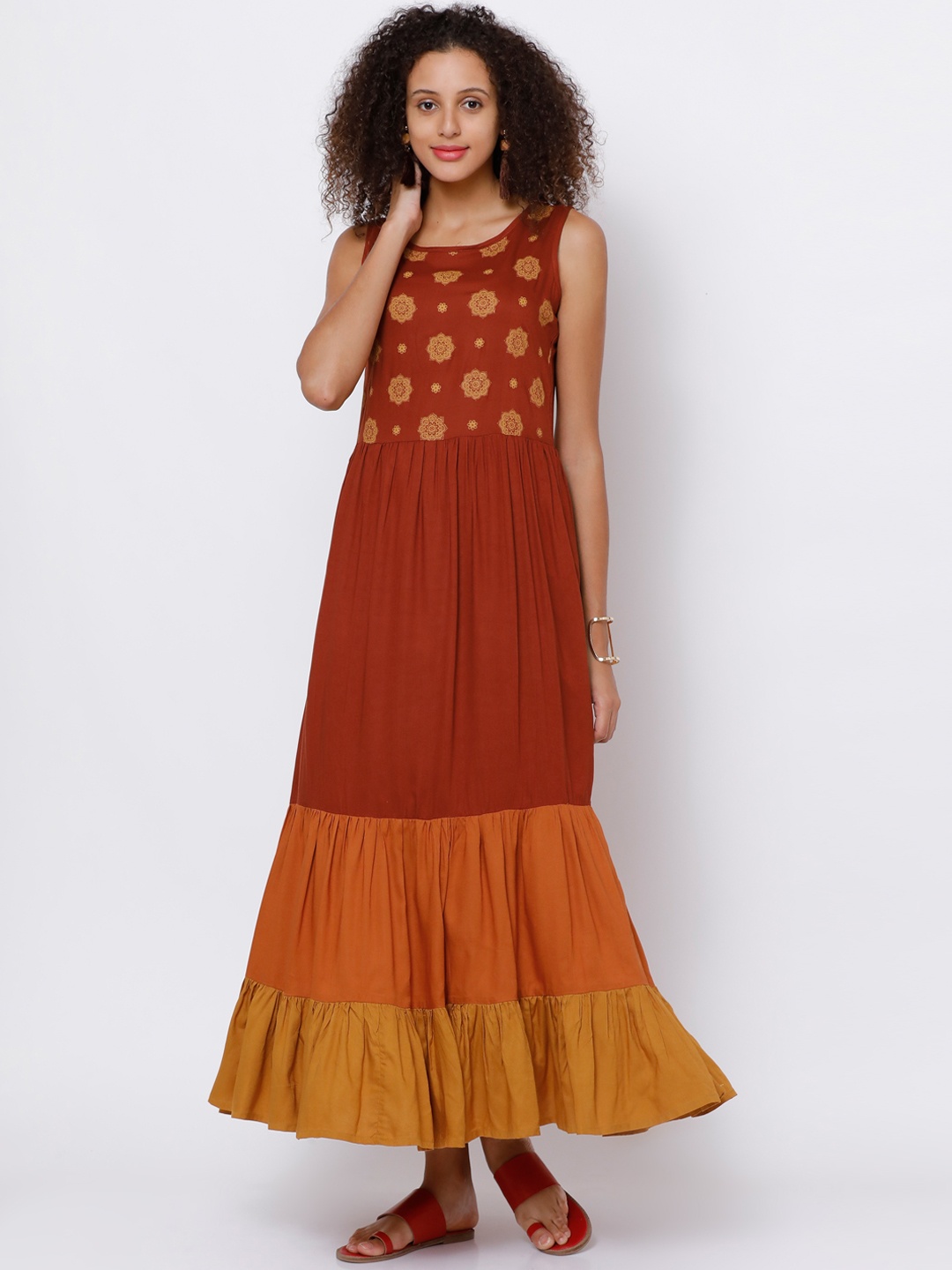 

Vishudh Women Rust Red Printed Maxi Dress