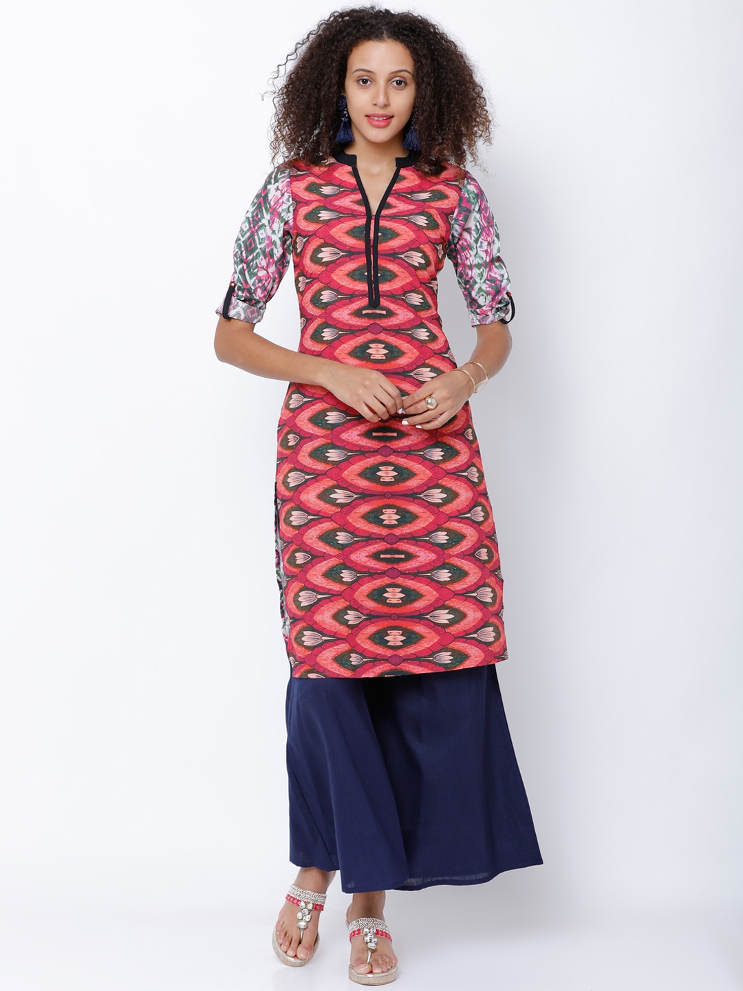 

Vishudh Women Pink & Olive Green Printed Straight Kurta