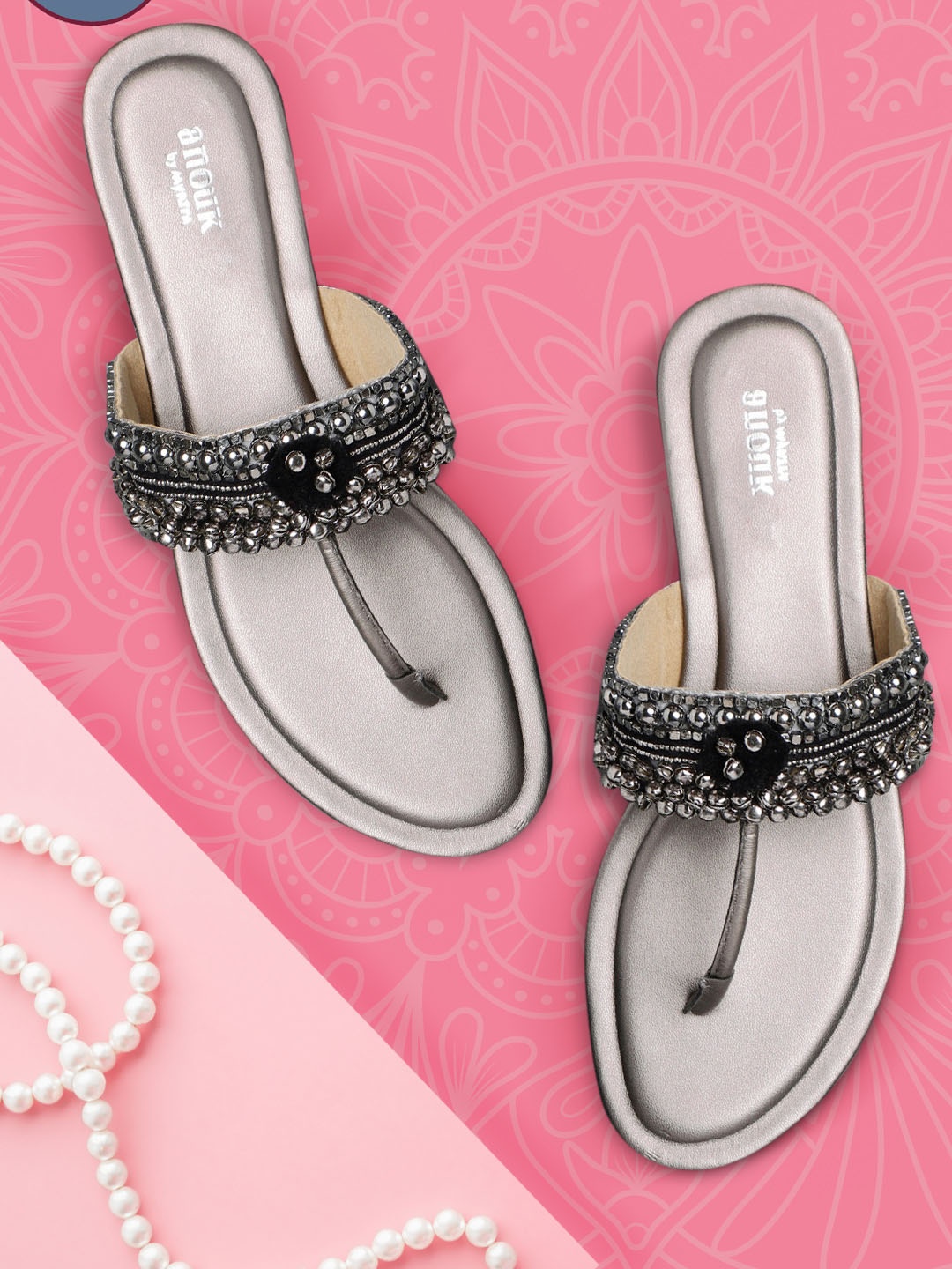 

Anouk Women Gunmetal-Toned Embellished Synthetic T-Strap Flats, Metallic