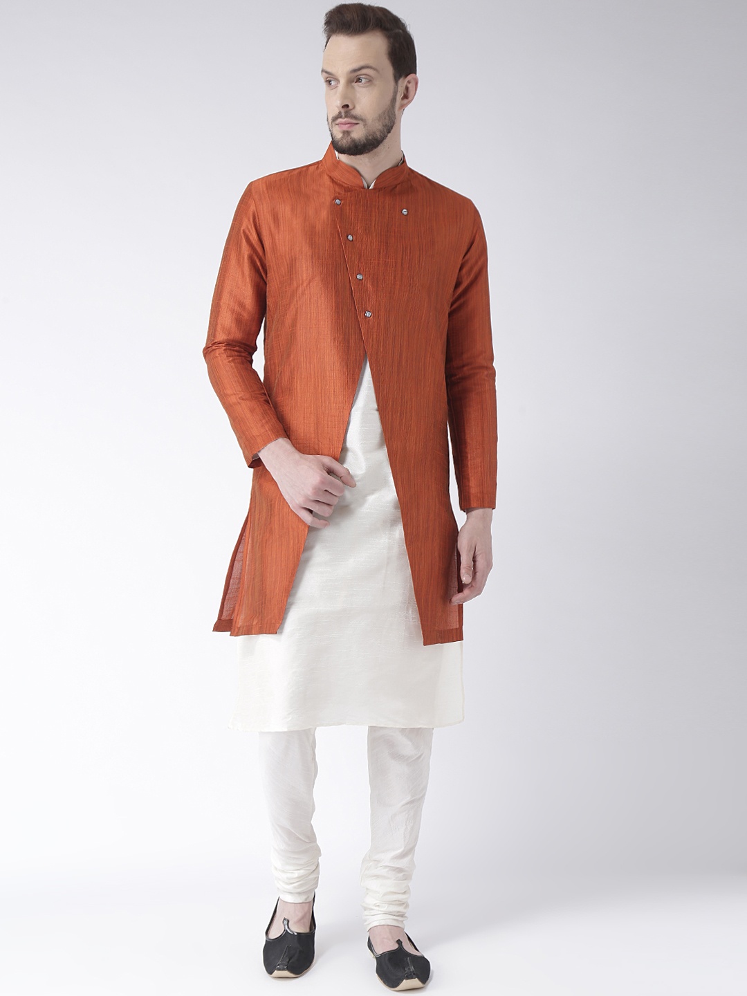 

DEYAAN Orange & White Woven Design Sherwani With Achkan