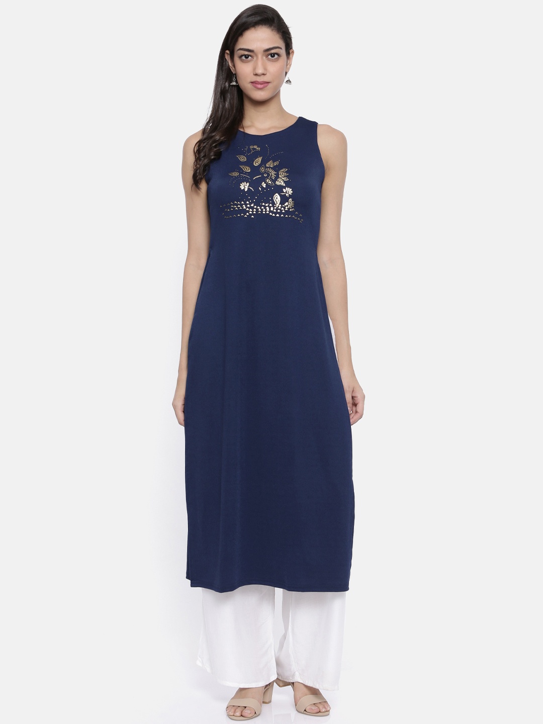 

Global Desi Women Navy Blue Printed A-Line Kurta