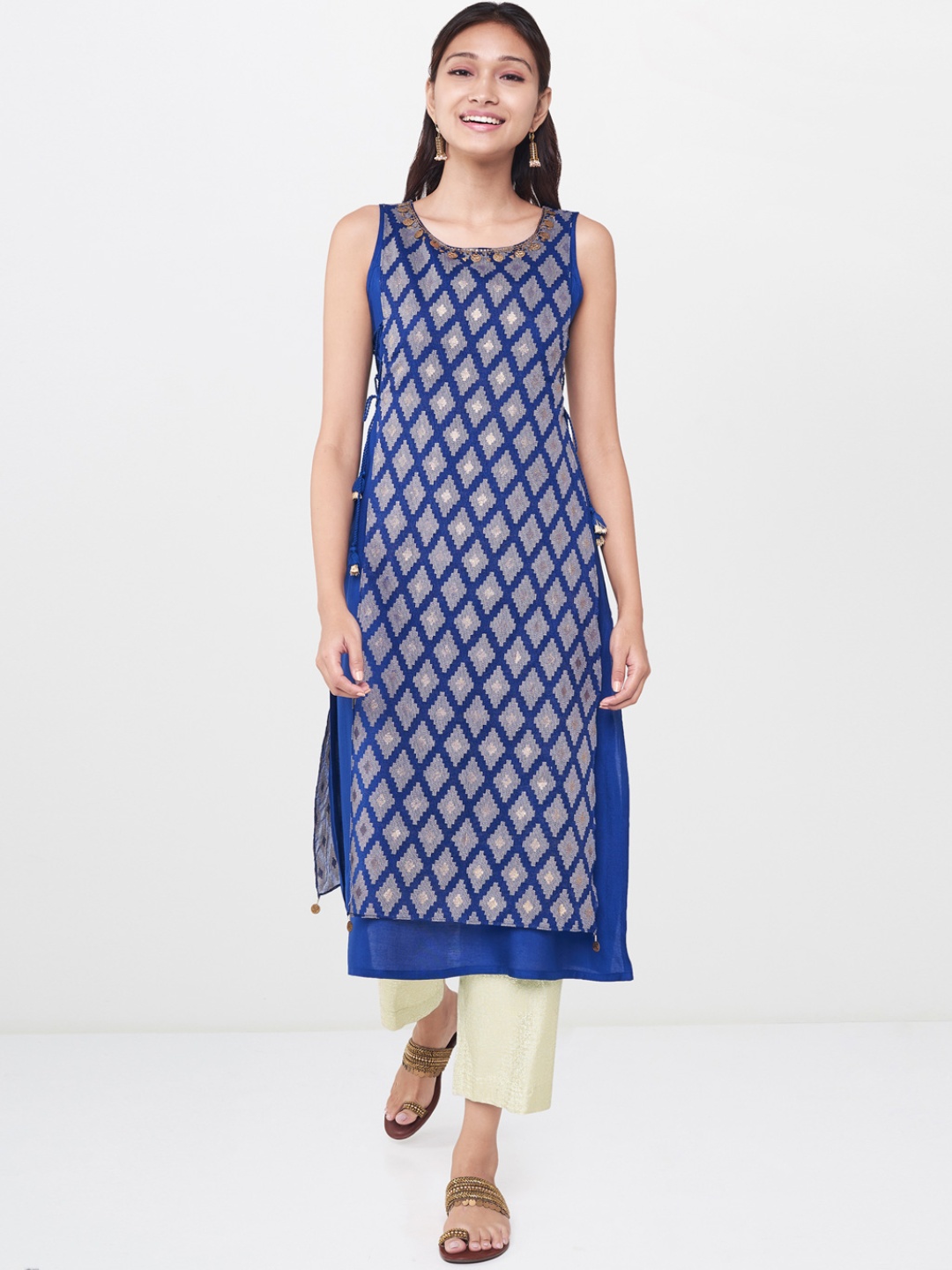 

Global Desi Women Blue Printed Layered A-Line Kurta