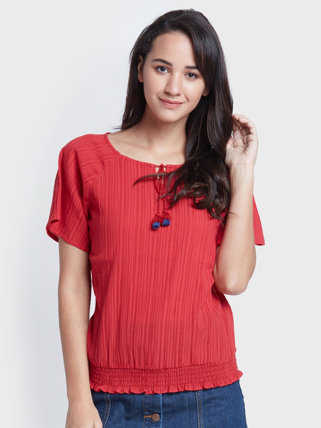 

Global Desi Women Red Striped Blouson Pure Cotton Top