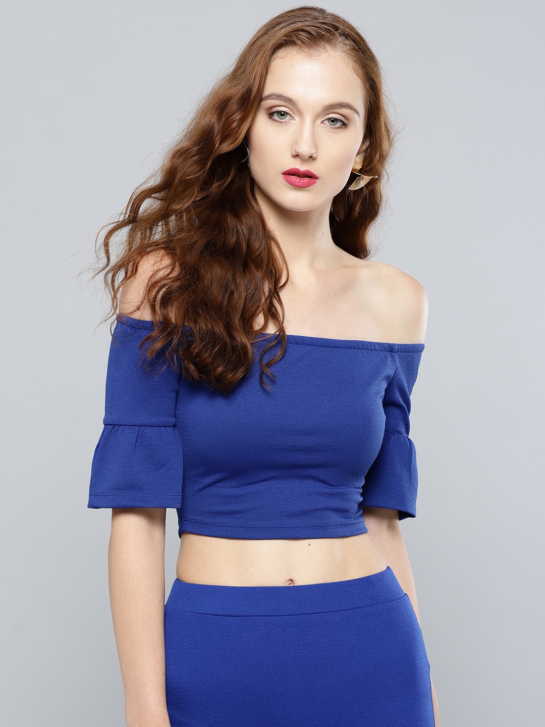 

Veni Vidi Vici Women Blue Solid Crop Bardot Top
