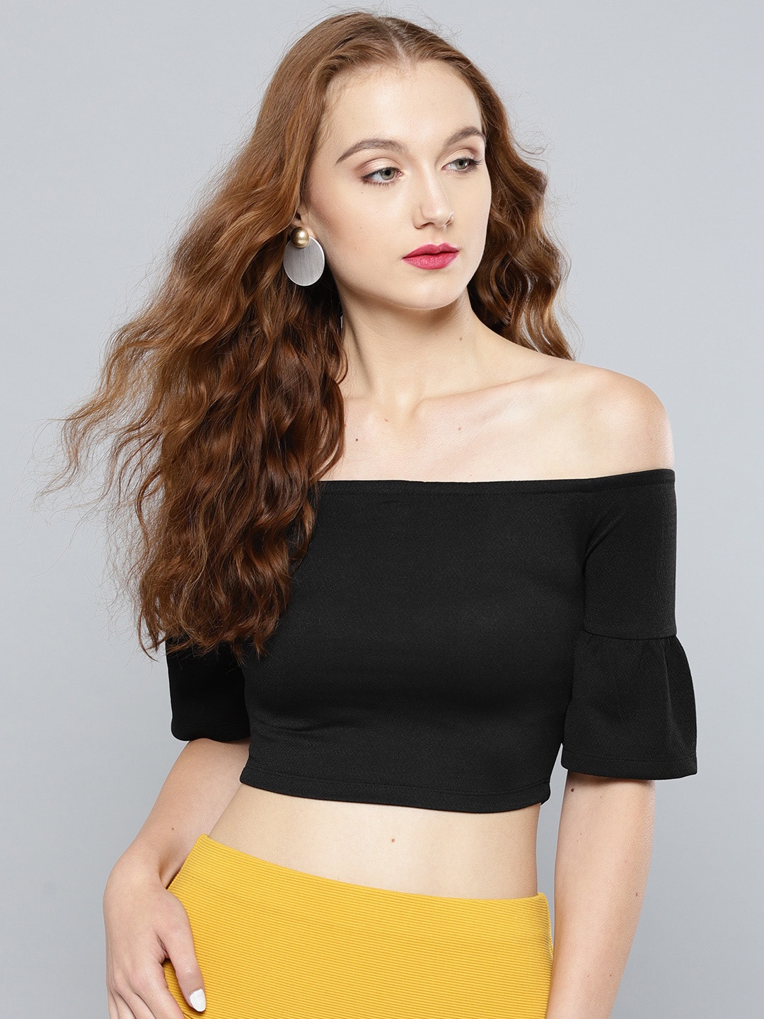 

Veni Vidi Vici Women Black Solid Crop Bardot Top