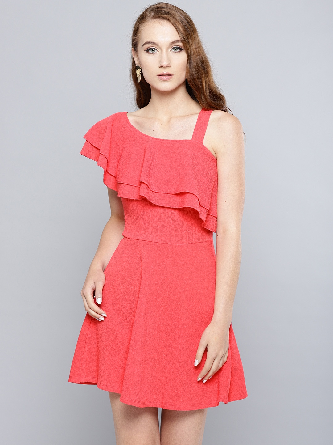 

Veni Vidi Vici Women Coral Pink Solid One-Shoulder Fit and Flare Dress