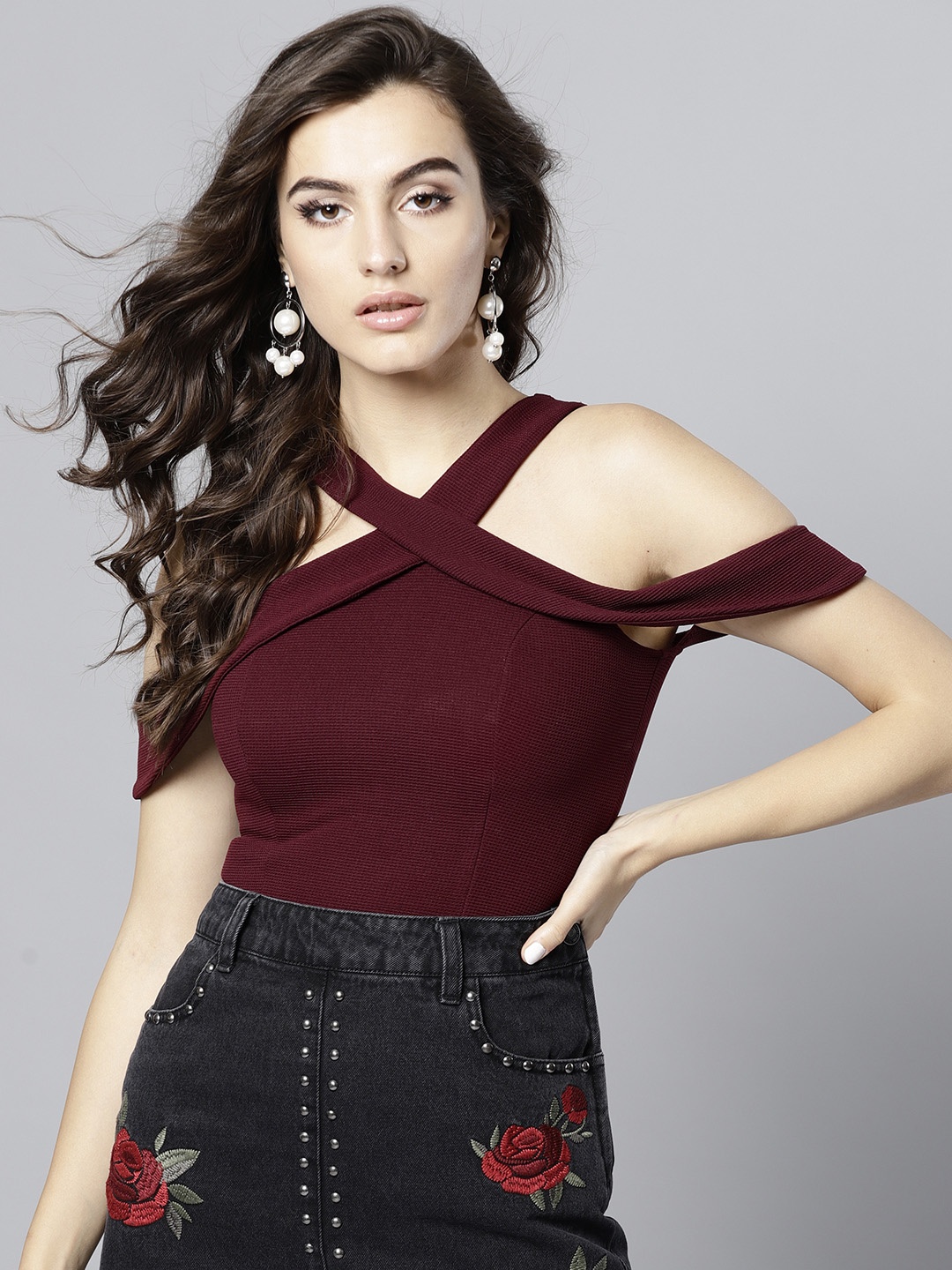 

Veni Vidi Vici Women Burgundy Solid Bardot Top