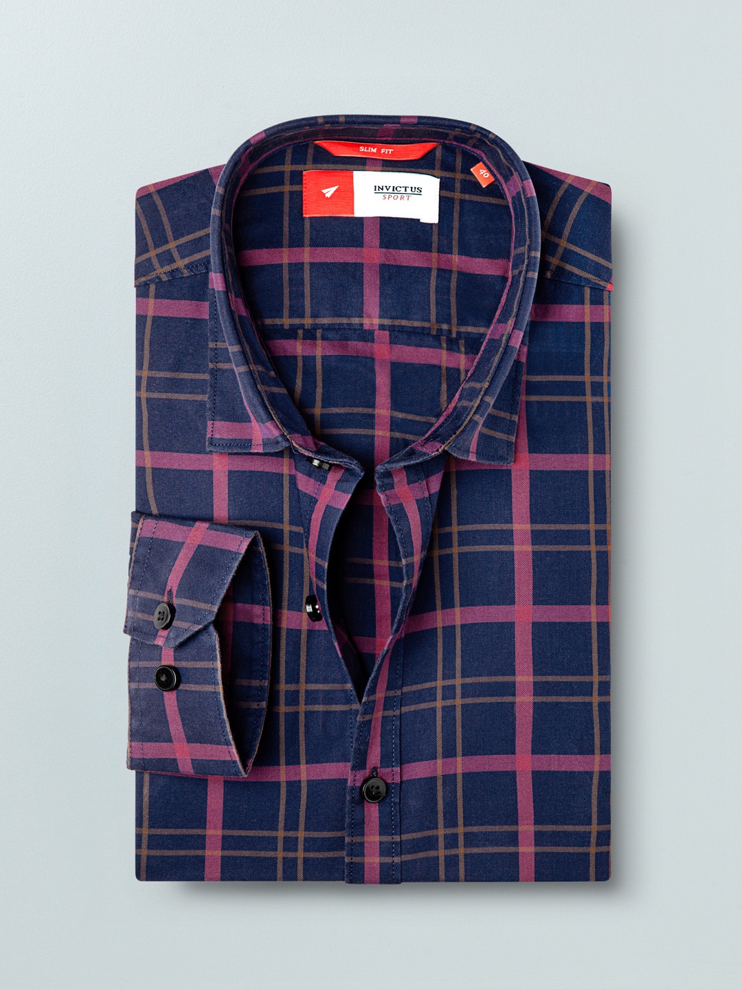 

INVICTUS Men Navy Blue & Magenta Slim Fit Checked Sustainable Casual Shirt