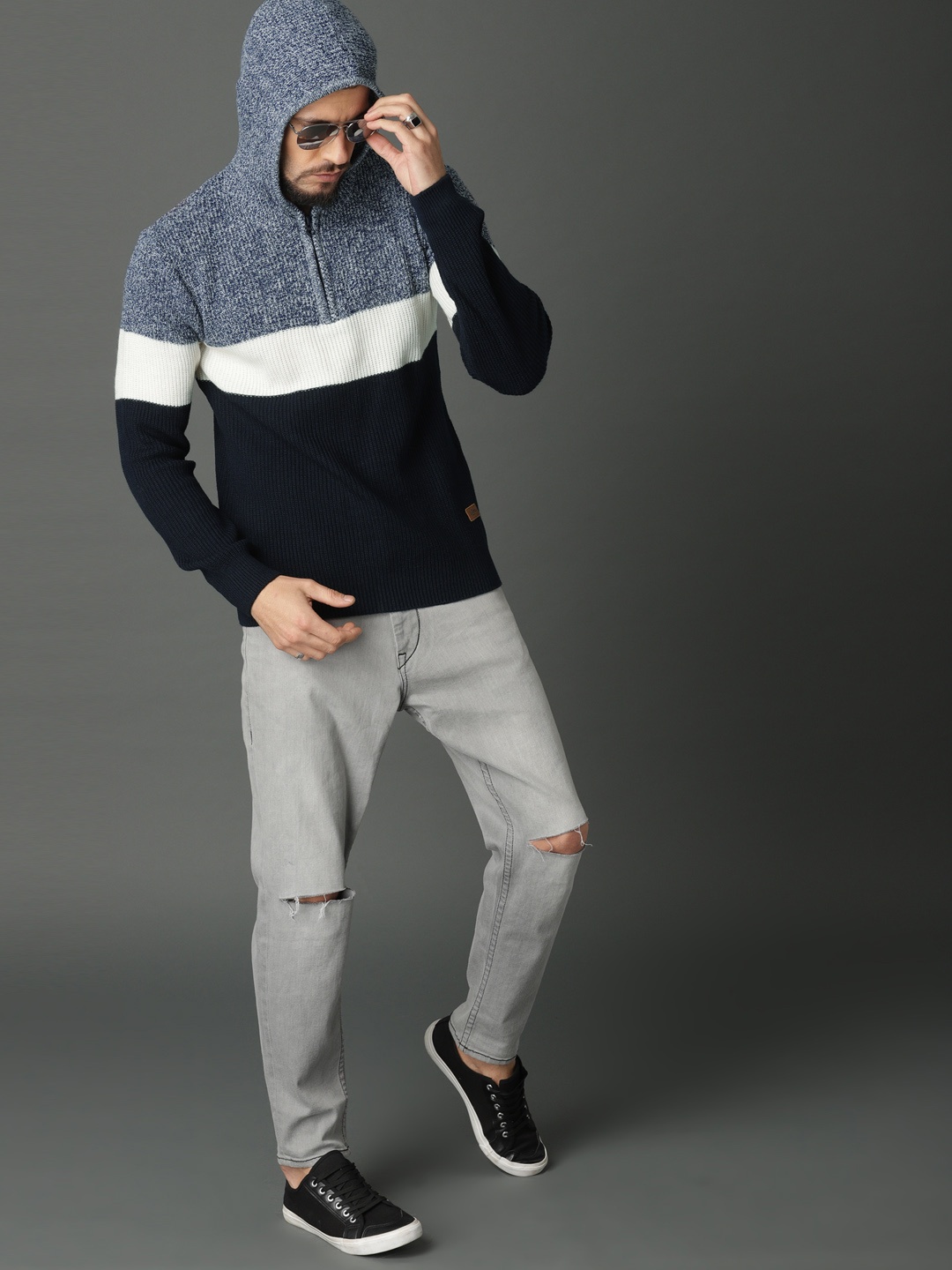 

Roadster Men Navy Blue Colourblocked Hooded Pullover