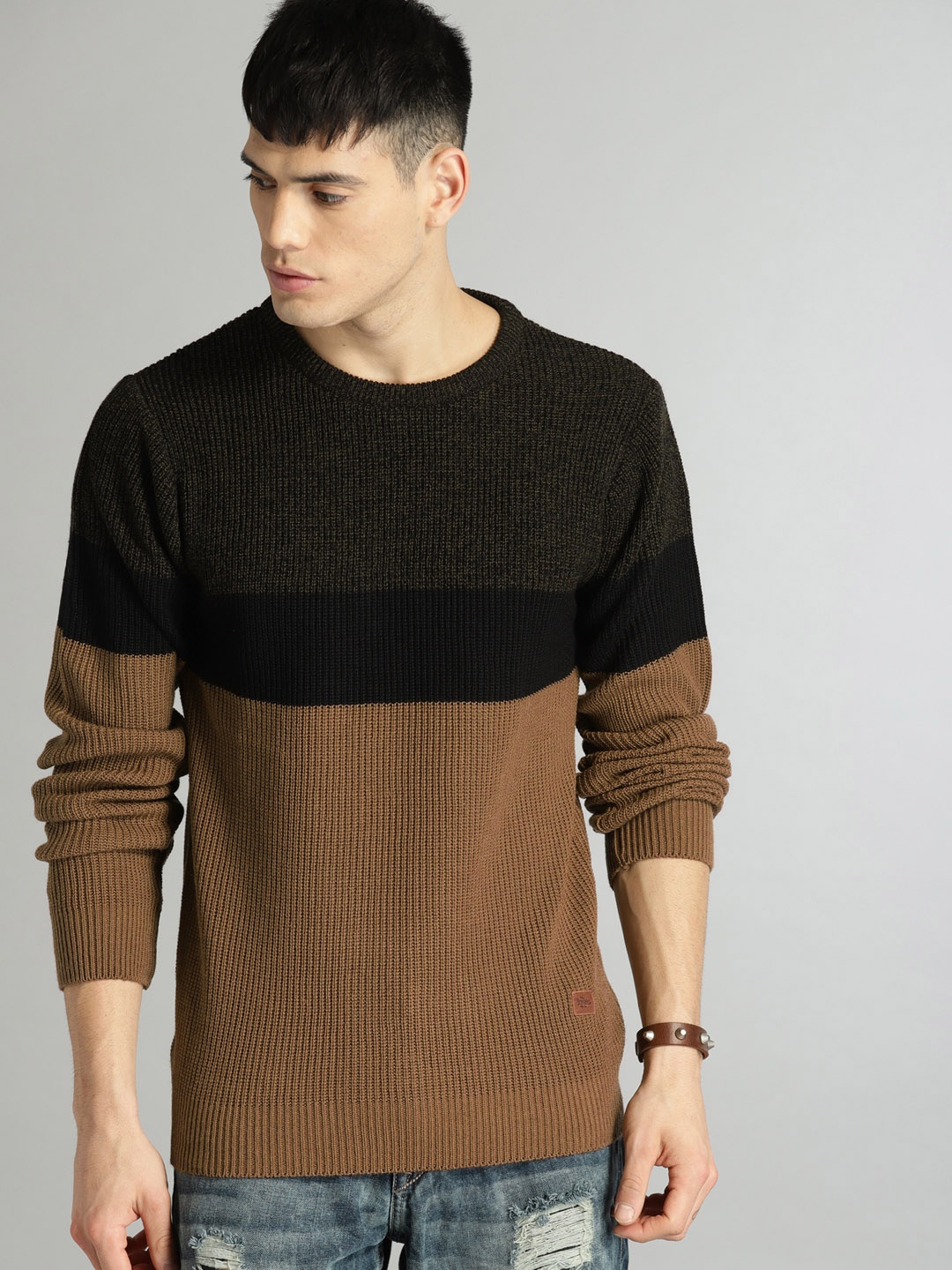 

Roadster Men Brown & Black Colourblocked Pullover