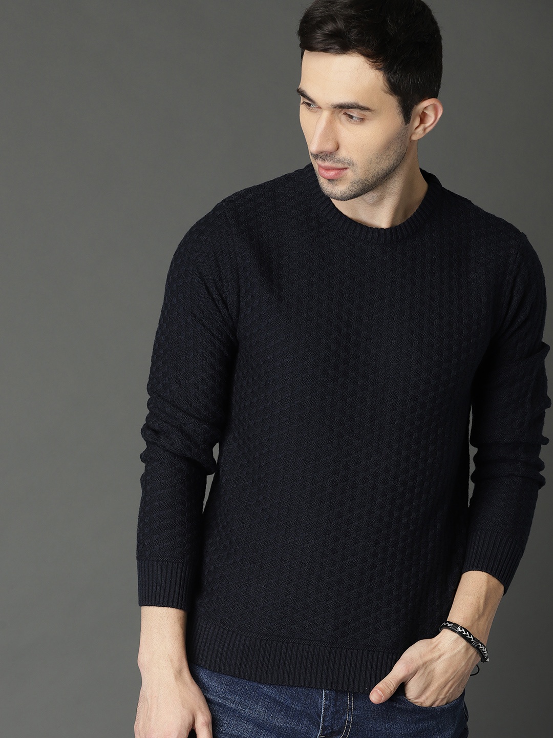 

Roadster Men Navy Blue Self Design Sweater