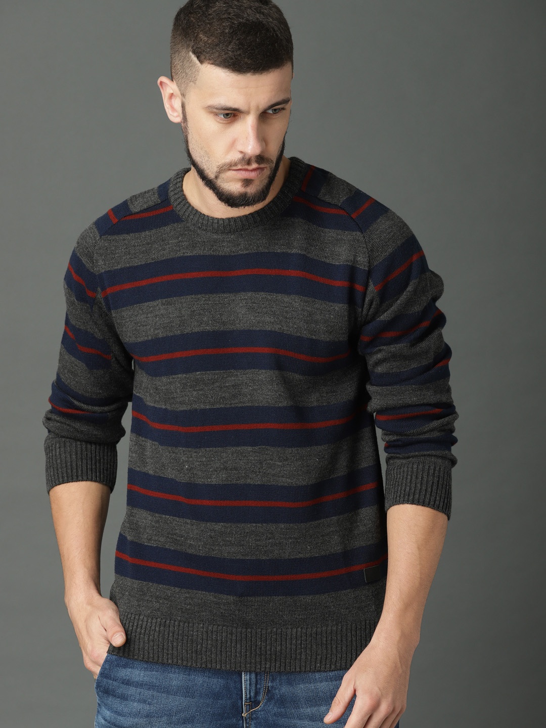 

Roadster Men Charcoal & Navy Blue Striped Pullover