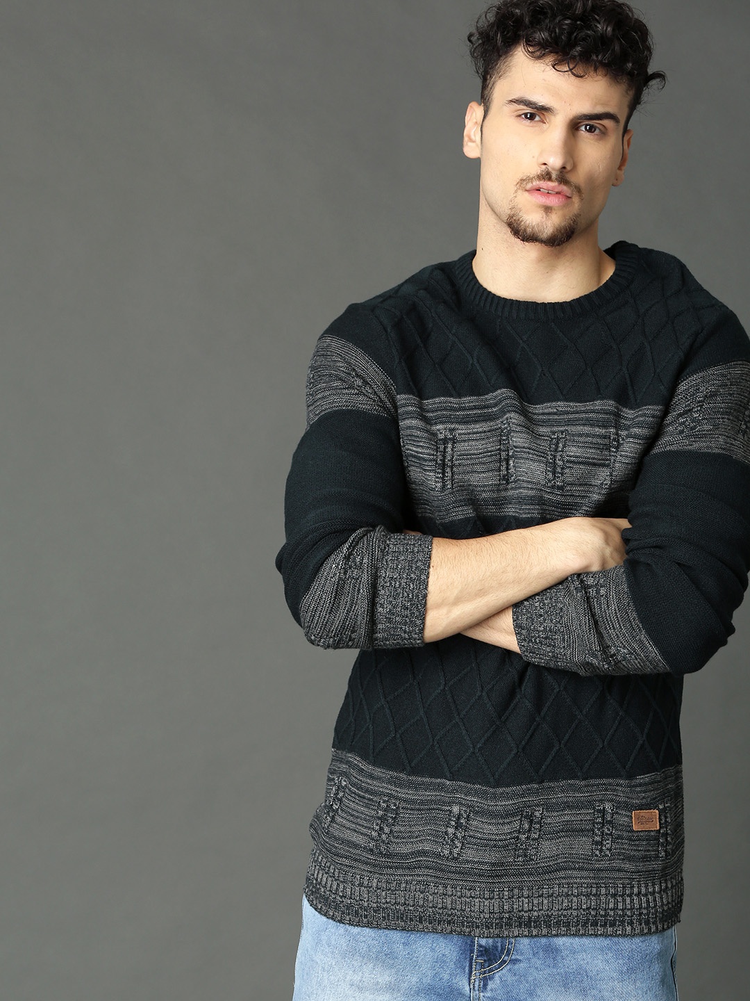 

Roadster Men Navy Blue Self-Design Pullover