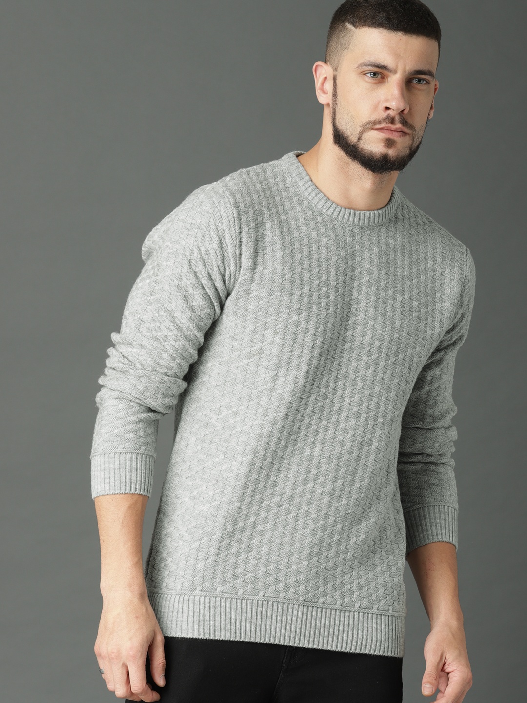 

Roadster Men Grey Self Design Pullover