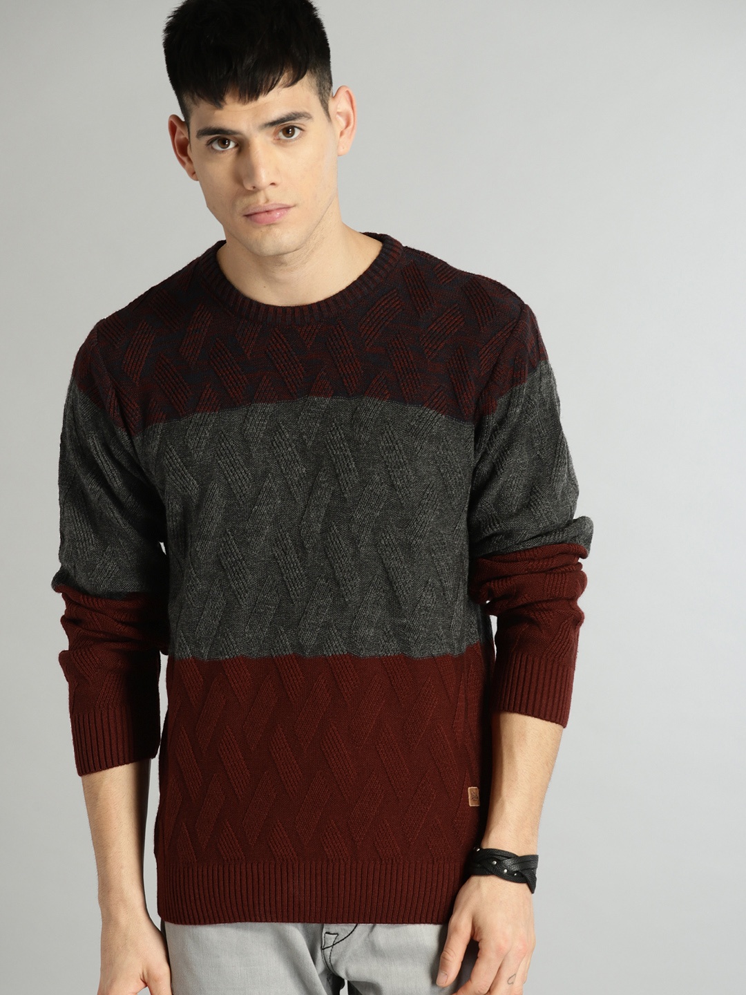 

Roadster Men Grey & Maroon Colourblocked Pullover