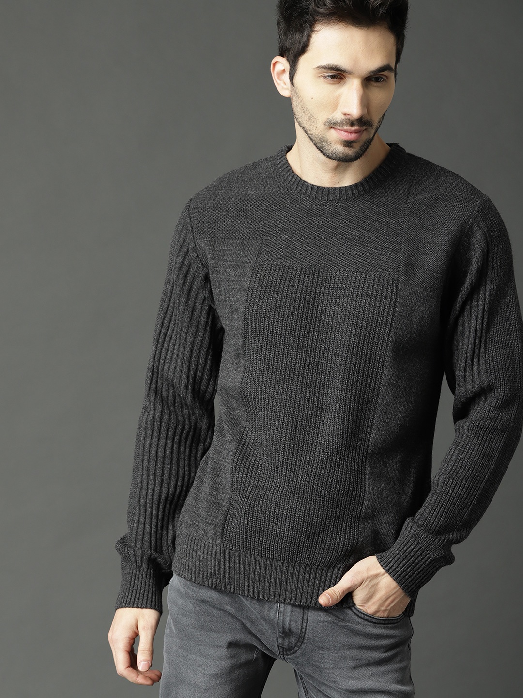 

Roadster Men Charcoal Grey Solid Pullover