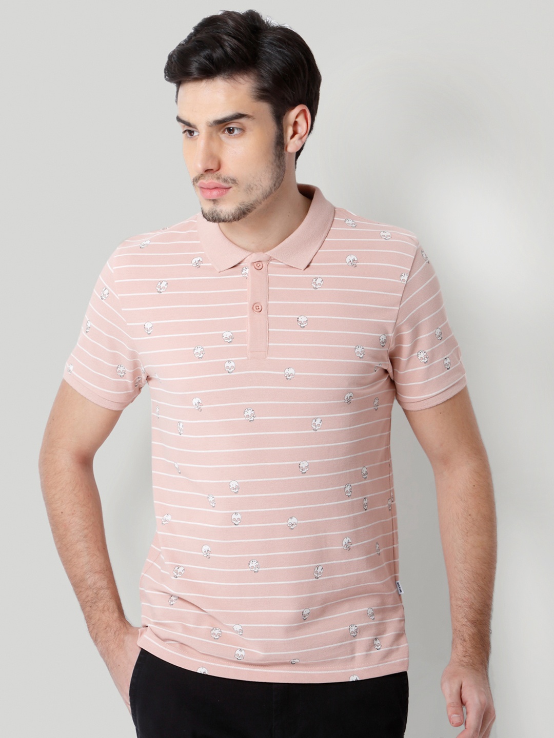 

ONLY & SONS Men Pink Striped Polo Collar T-shirt