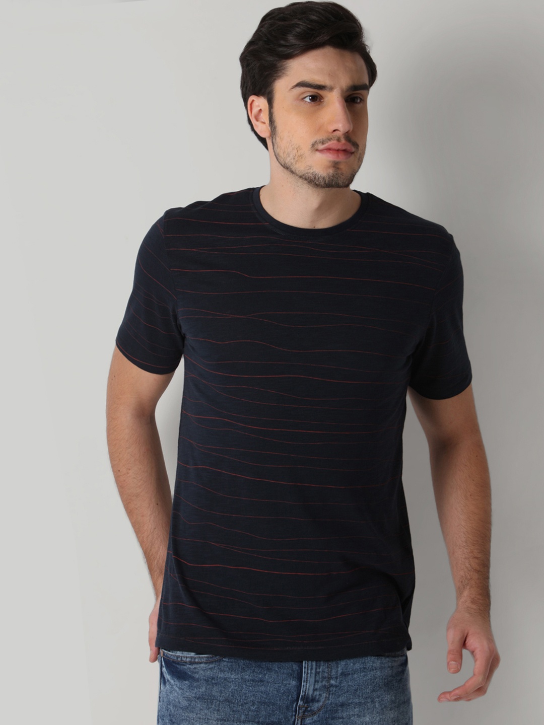 

ONLY & SONS Men Navy Blue Striped Round Neck T-shirt